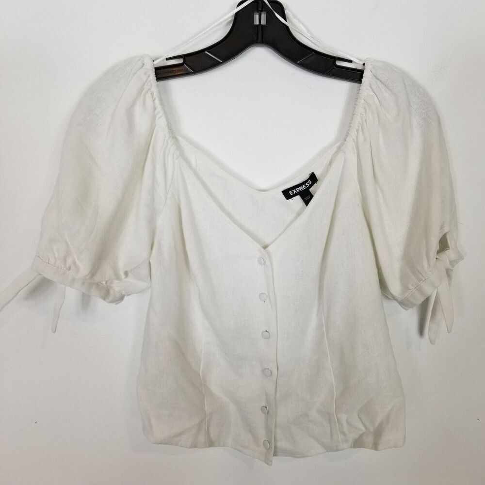 Express Women Button Up Corset Top Sz S White Linen Blend Puff Sleeve Y2K